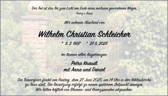 Traueranzeige von Wilhelm Christian Schleicher von FZ