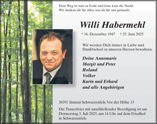 Traueranzeige von Willi Habermehl von FZ