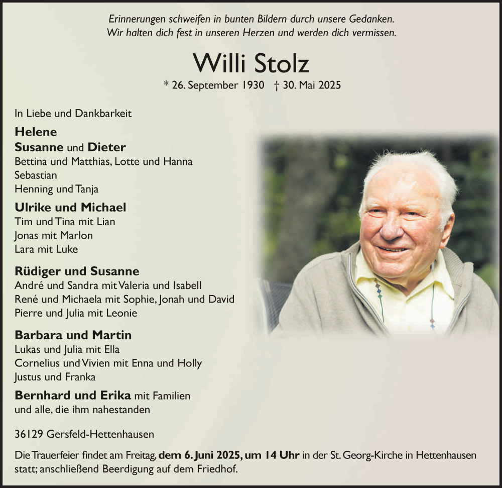  Traueranzeige für Willi Stolz vom 04.06.2025 aus FZ