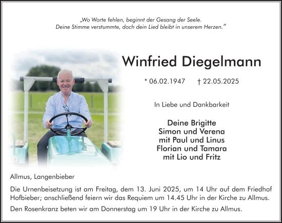 Traueranzeige von Winfried Diegelmann von FZ