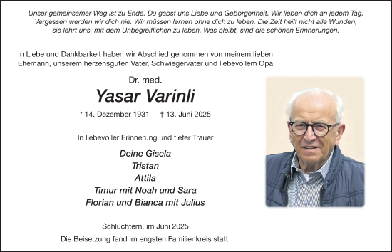 Traueranzeige von Yasar Varinli von FZ