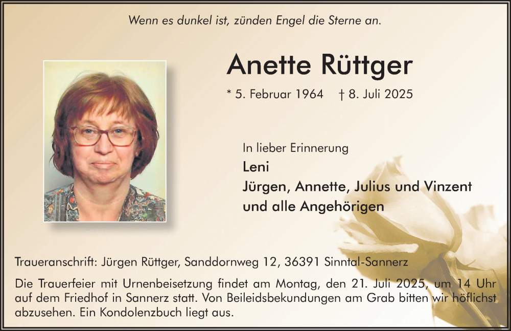  Traueranzeige für Anette Rüttger vom 15.07.2025 aus FZ