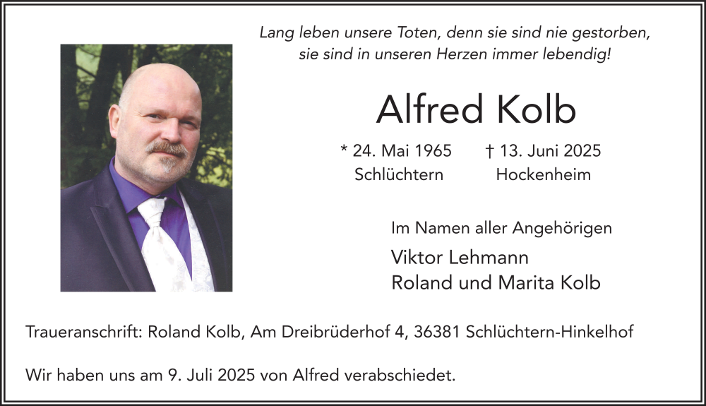  Traueranzeige für Alfred Kolb vom 19.07.2025 aus FZ
