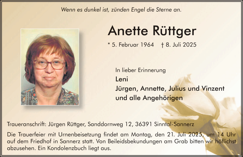 Traueranzeige für Anette Rüttger vom 19.07.2025 aus FZ