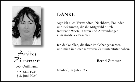 Traueranzeige von Anita Zimmer von FZ
