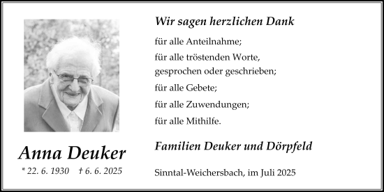 Traueranzeige von Anna Deuker von FZ
