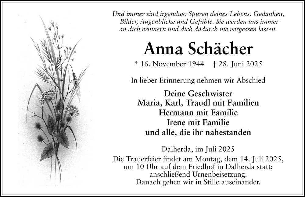  Traueranzeige für Anna Schächer vom 12.07.2025 aus FZ