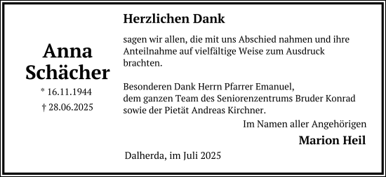 Traueranzeige von Anna Schächer von FZ