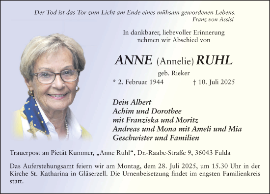 Traueranzeige von Anne Ruhl von FZ
