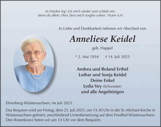 Traueranzeige von Anneliese Keidel von FZ