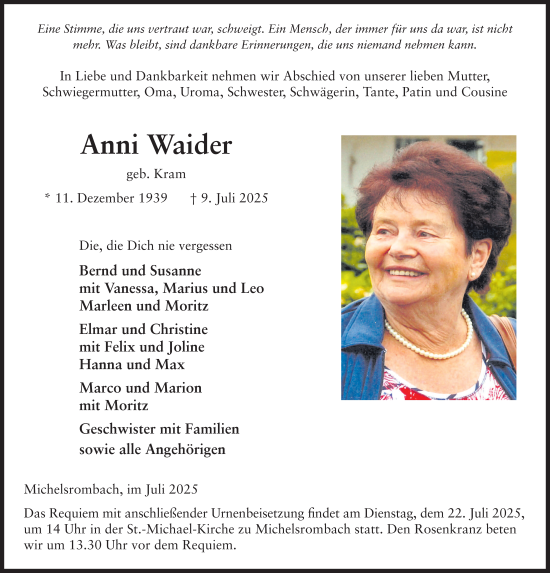 Traueranzeige von Anni Waider von FZ