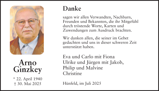 Traueranzeige von Arno Ginzkey von FZ
