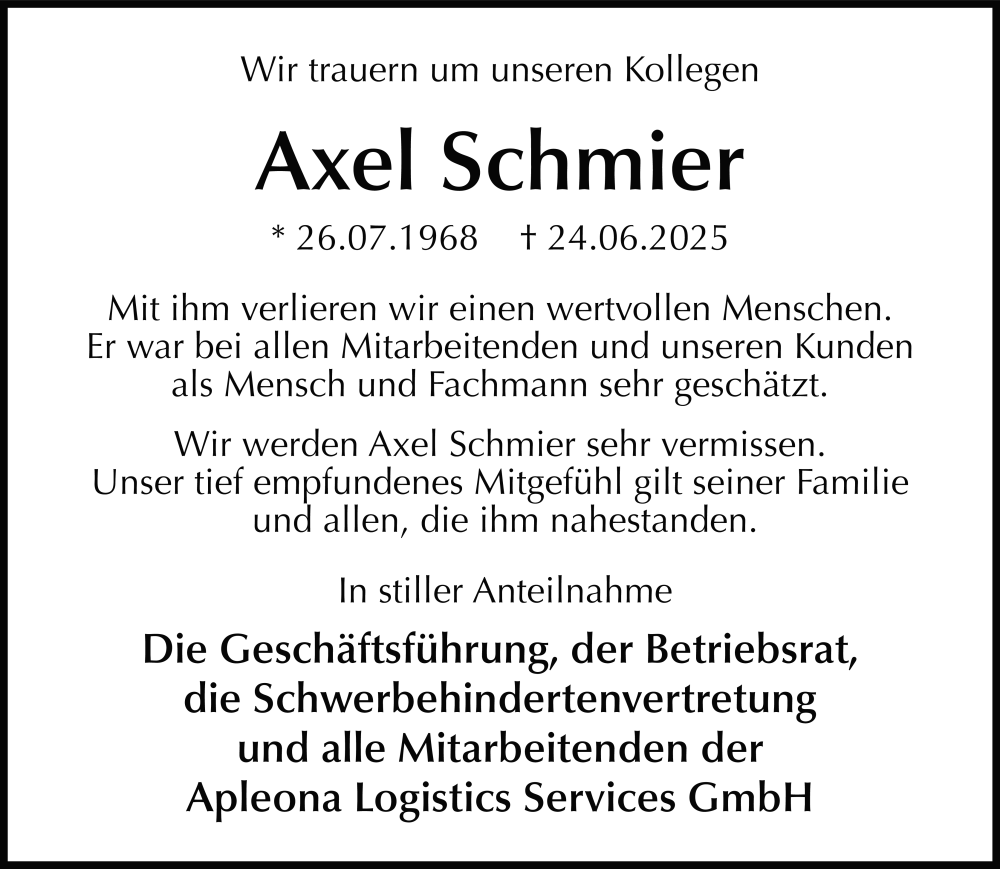  Traueranzeige für Axel Schmier vom 12.07.2025 aus FZ