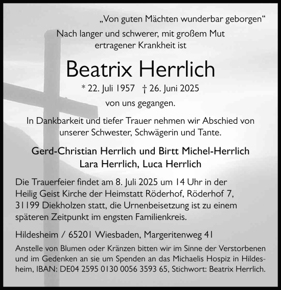 Traueranzeige von Beatrix Herrlich von FZ