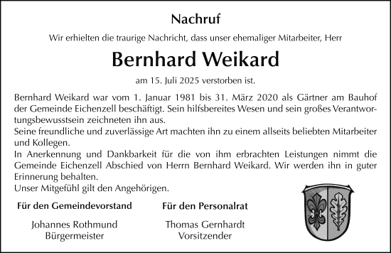 Traueranzeige von Bernhard Weikard von FZ