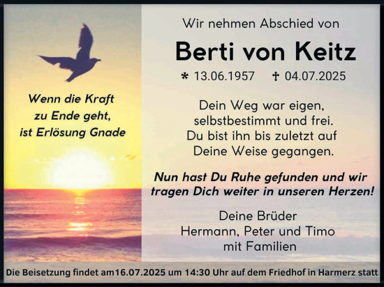 Traueranzeige von Berti Von Keitz von FZ