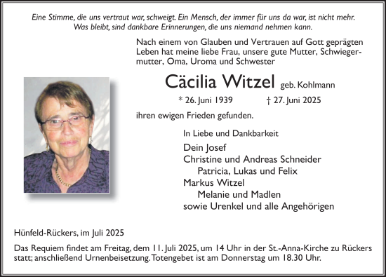 Traueranzeige von Cäcilia Witzel von FZ