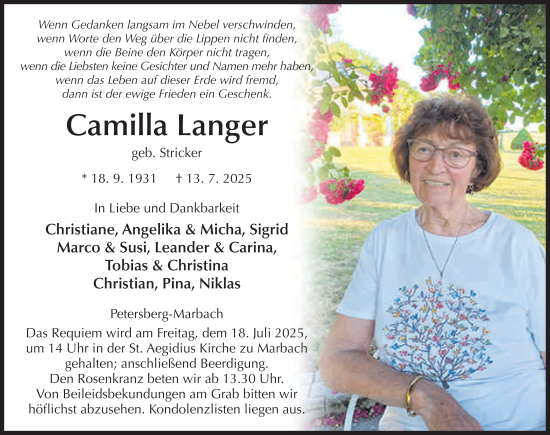 Traueranzeige von Camilla Langer von FZ
