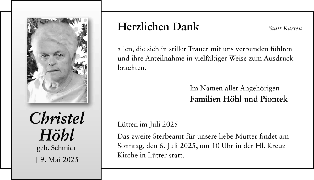  Traueranzeige für Christel Höhl vom 02.07.2025 aus FZ