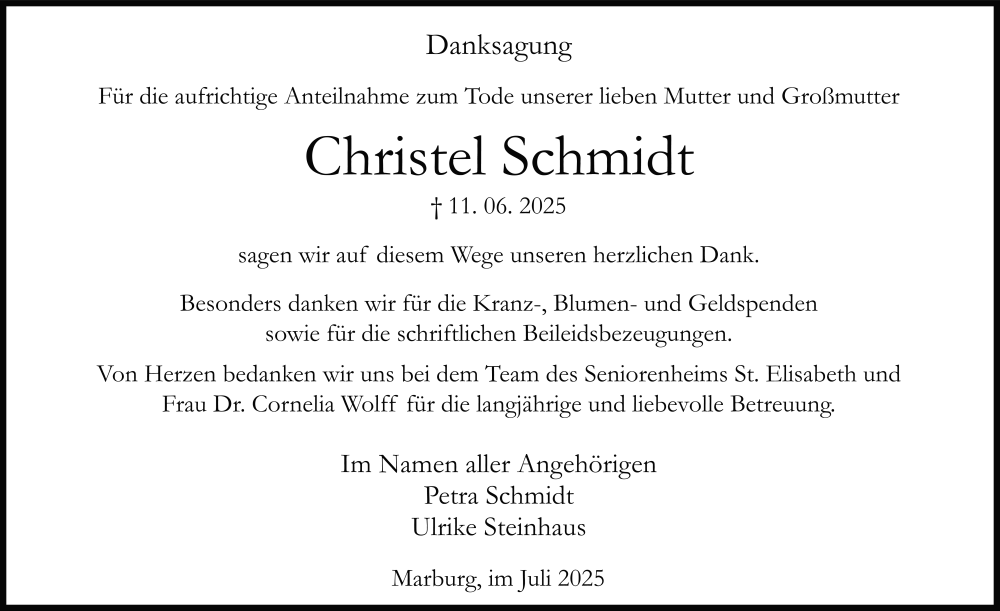  Traueranzeige für Christel Schmidt vom 19.07.2025 aus FZ