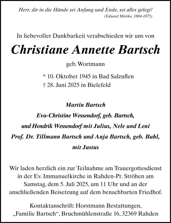 Traueranzeige von Christiane Anette Bartsch von FZ