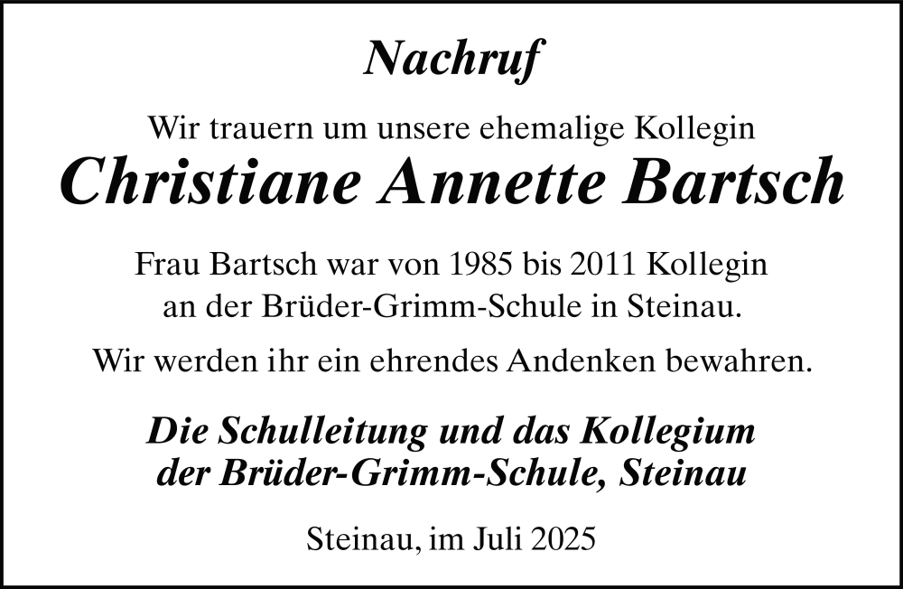  Traueranzeige für Christiane Anette Bartsch vom 12.07.2025 aus FZ