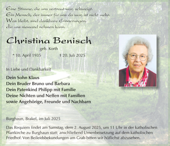 Traueranzeige von Christina Benisch von FZ