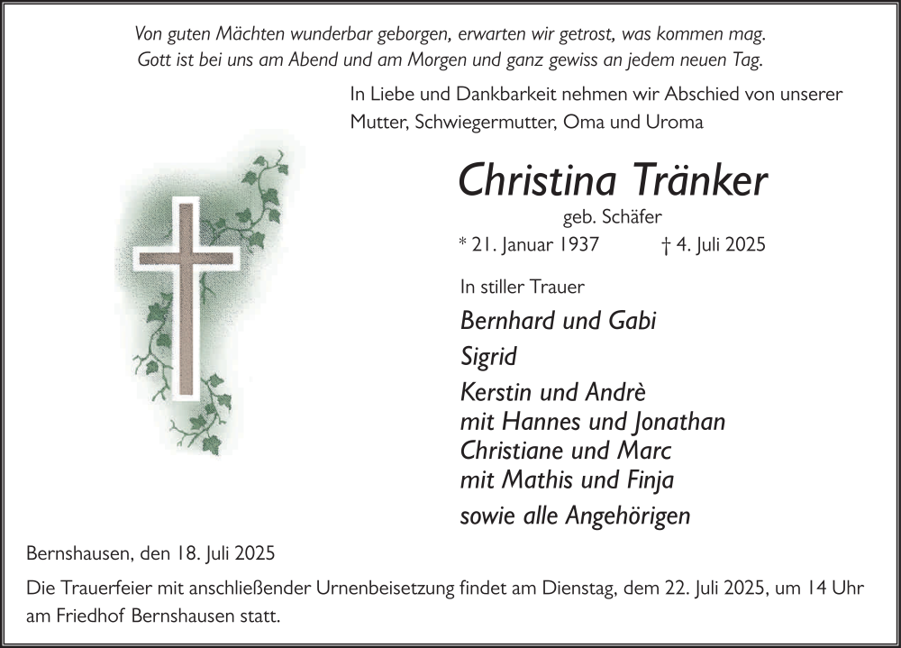  Traueranzeige für Christina Tränker vom 18.07.2025 aus FZ
