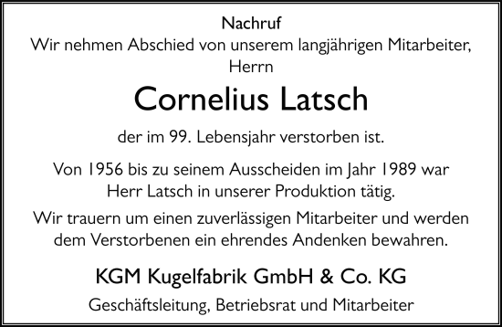 Traueranzeige von Cornelius Latsch von FZ