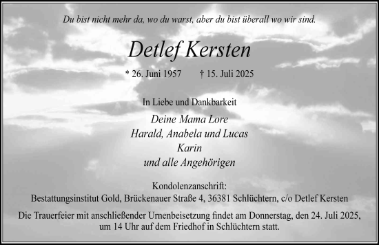 Traueranzeige von Detlef Kersten von FZ