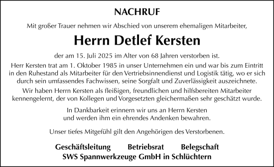 Traueranzeige von Detlef Kersten von FZ