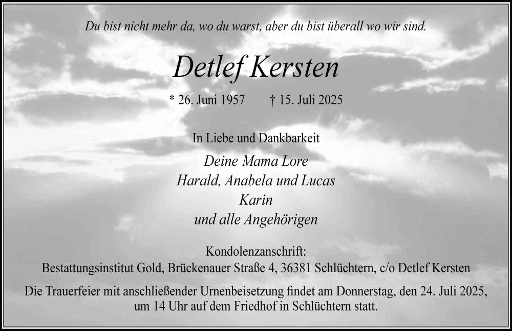  Traueranzeige für Detlef Kersten vom 19.07.2025 aus FZ