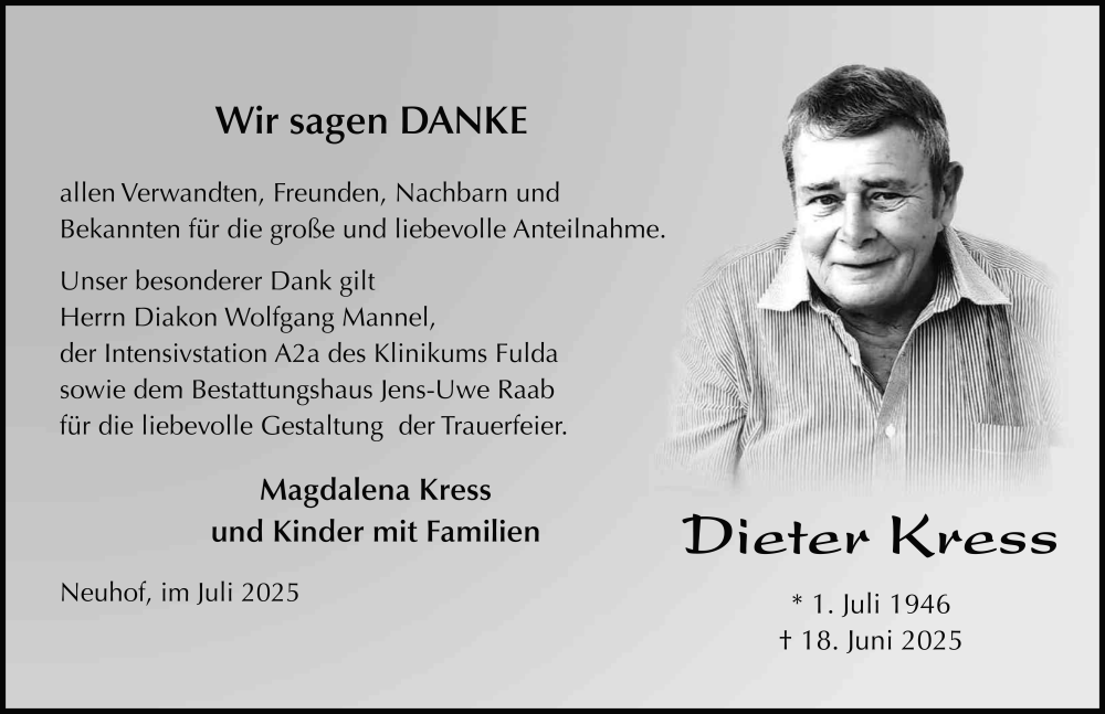  Traueranzeige für Dieter Kress vom 19.07.2025 aus FZ