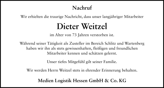 Traueranzeige von Dieter Weitzel von FZ