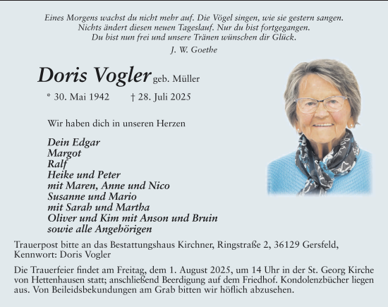 Traueranzeige von Doris Vogler von FZ