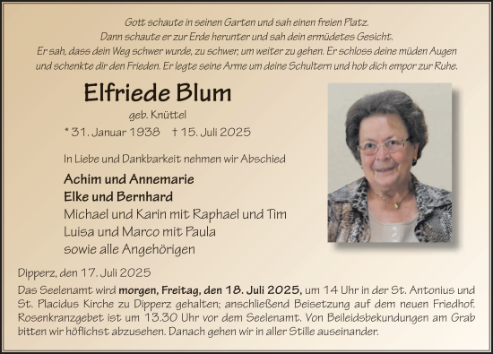 Traueranzeige von Elfriede Blum von FZ