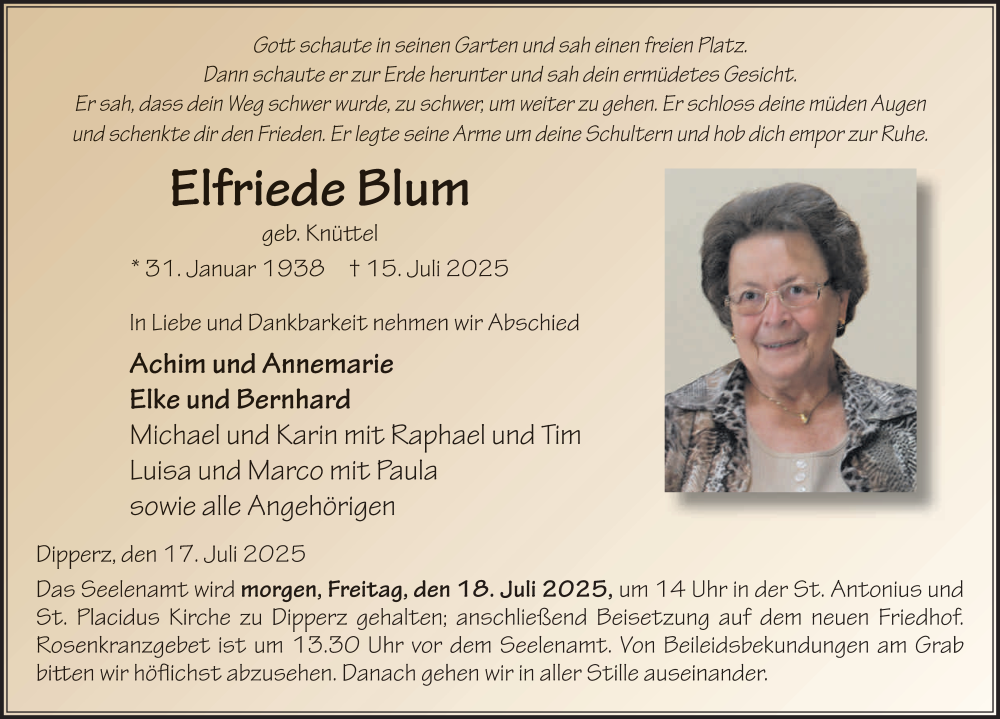  Traueranzeige für Elfriede Blum vom 17.07.2025 aus FZ
