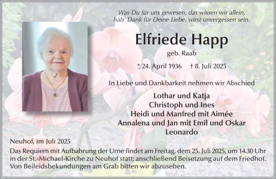 Traueranzeige von Elfriede Happ von FZ