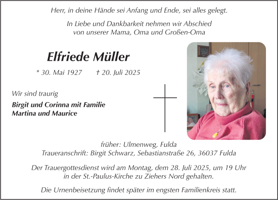 Traueranzeige von Elfriede Müller von FZ