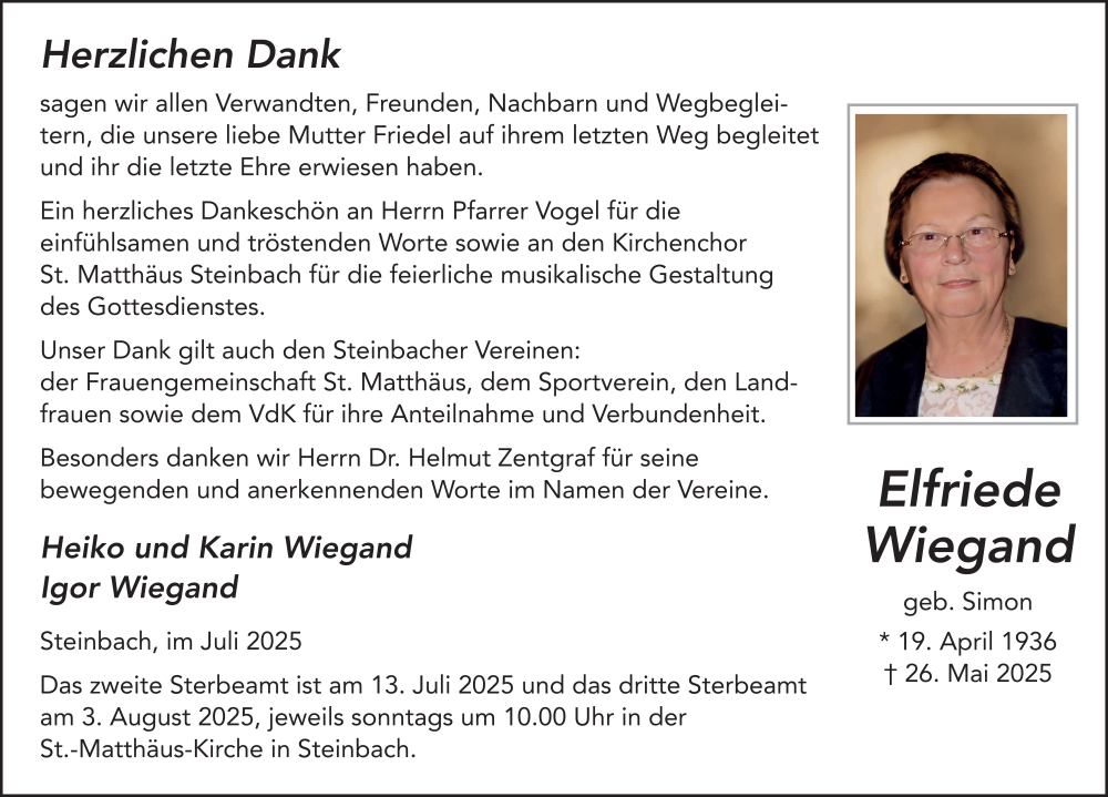  Traueranzeige für Elfriede Wiegand vom 12.07.2025 aus FZ
