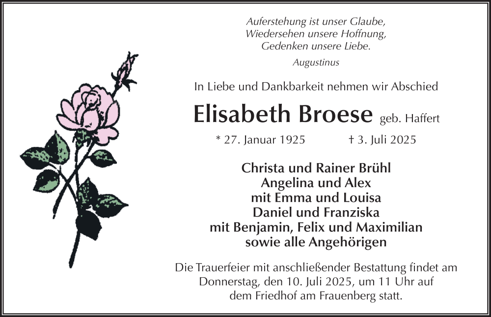  Traueranzeige für Elisabeth Broese vom 08.07.2025 aus FZ