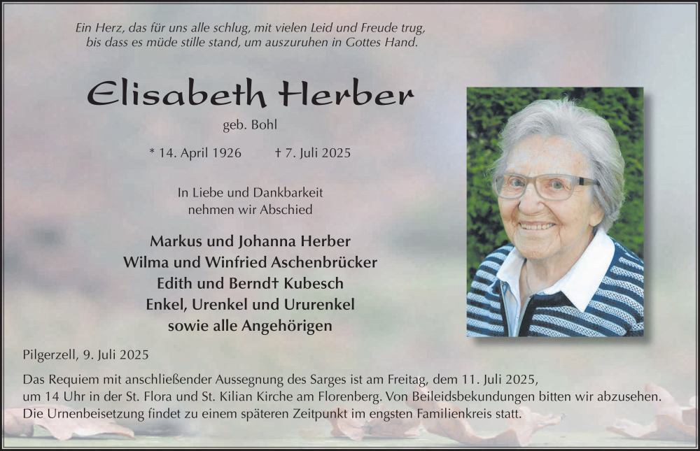  Traueranzeige für Elisabeth Herber vom 09.07.2025 aus FZ