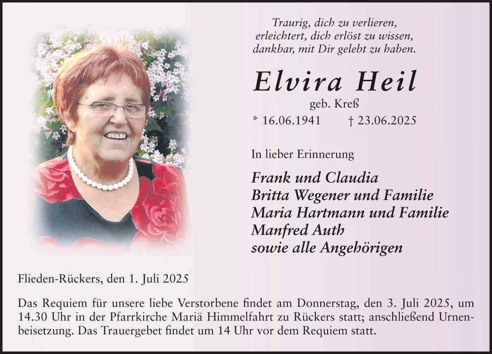  Traueranzeige für Elvira Heil vom 01.07.2025 aus FZ