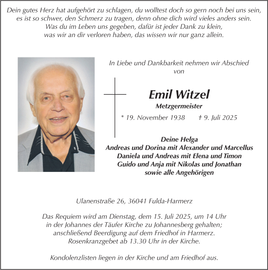Traueranzeige von Emil Witzel von FZ