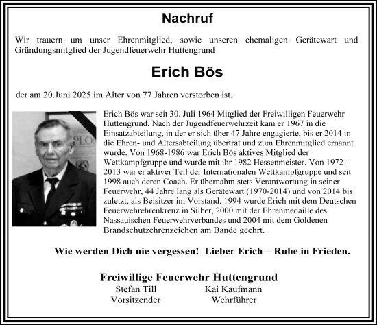 Traueranzeige von Erich Bös von FZ