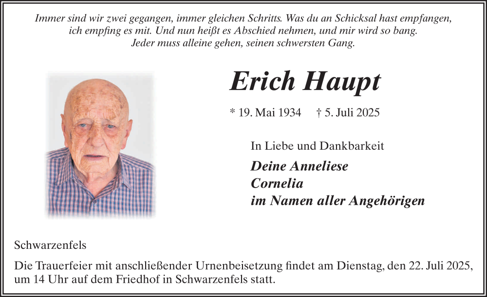  Traueranzeige für Erich Haupt vom 19.07.2025 aus FZ