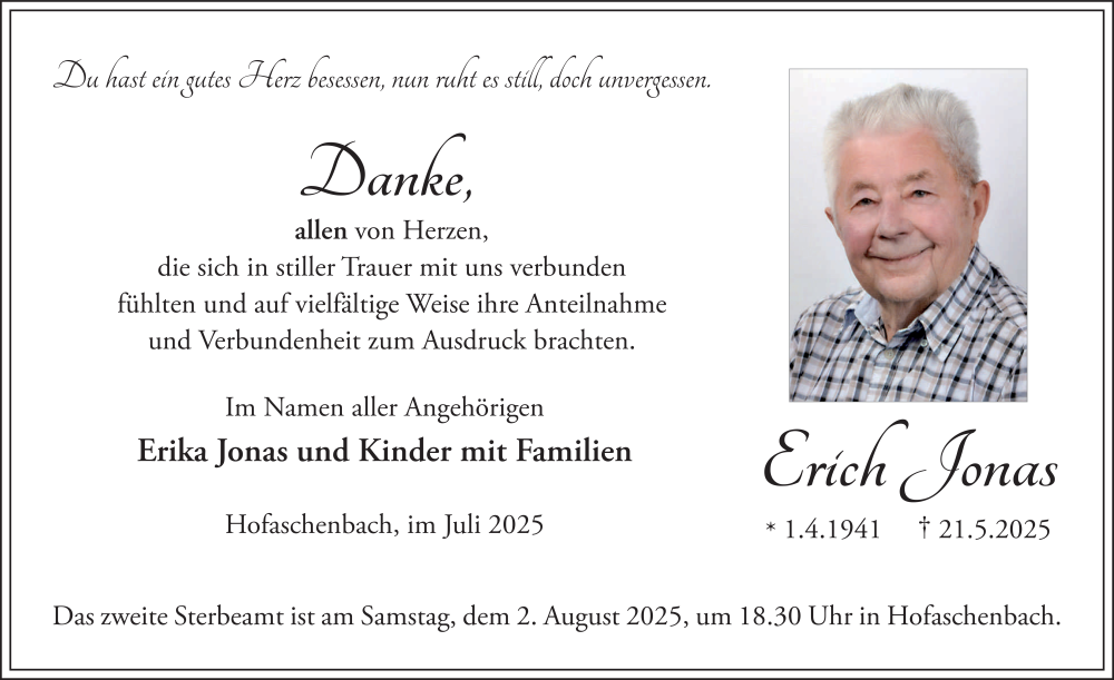  Traueranzeige für Erich Jonas vom 26.07.2025 aus FZ