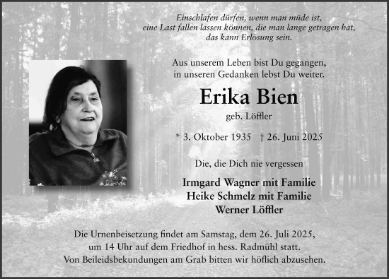 Traueranzeige von Erika Bien von FZ