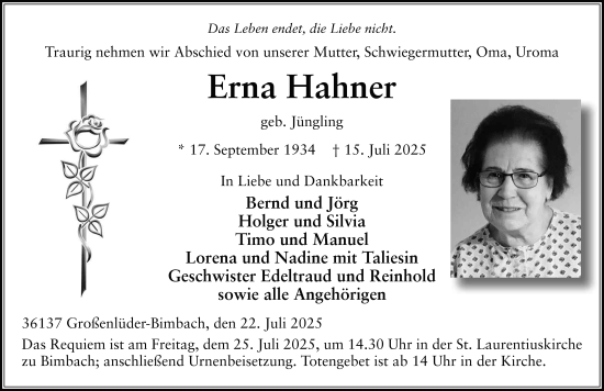 Traueranzeige von Erna Hahner von FZ