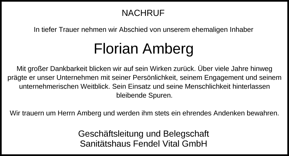  Traueranzeige für Florian Amberg vom 26.07.2025 aus FZ